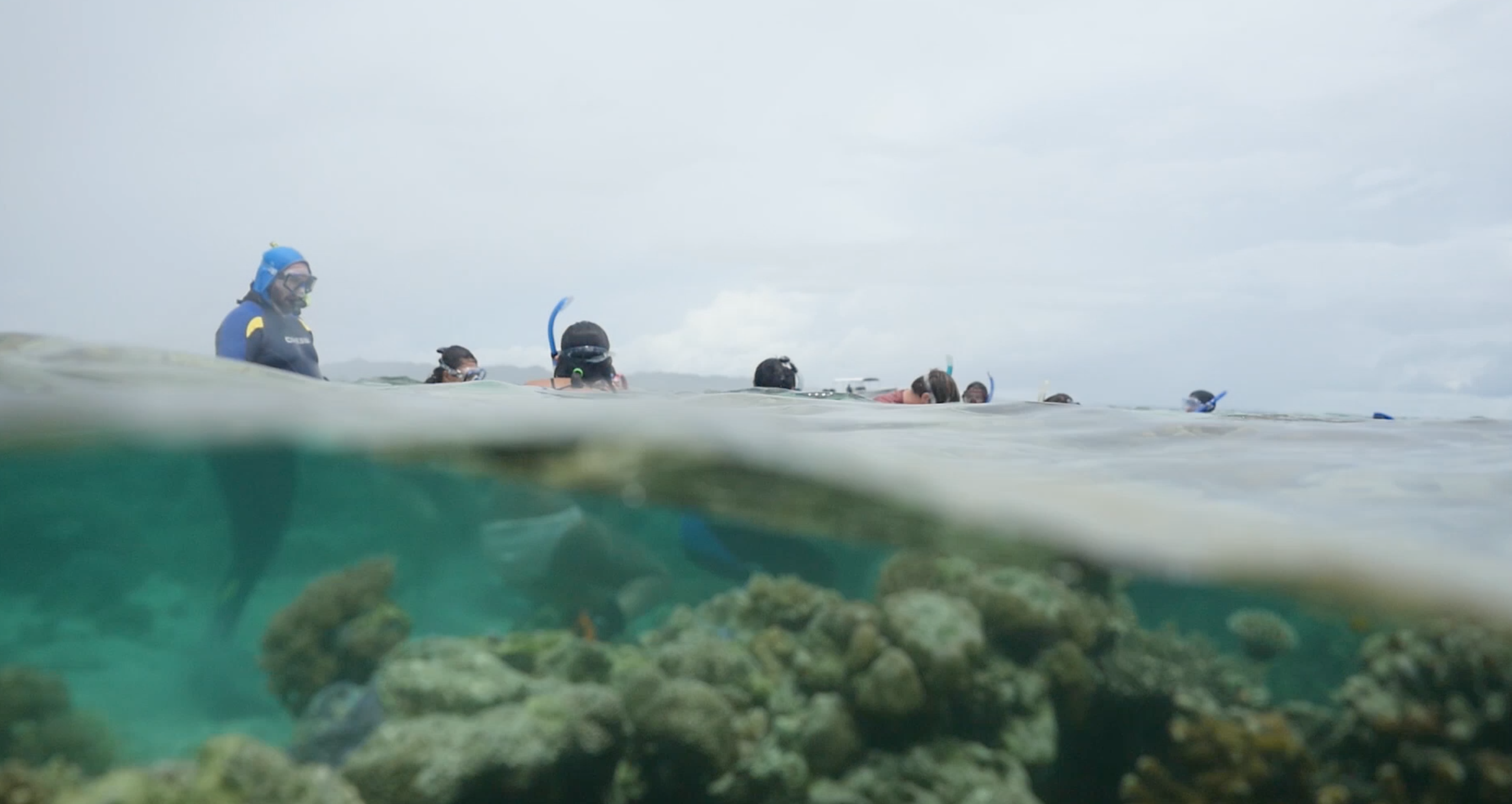 Dr. Robert Richmond (NSF ATE Grant Project's PI) Teaches A Group Of Snorkelers About The Coral Reef While Standing In The Water Surrounded By Students And Coral Reef.