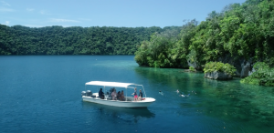 Research boat and snorkelers in Palau